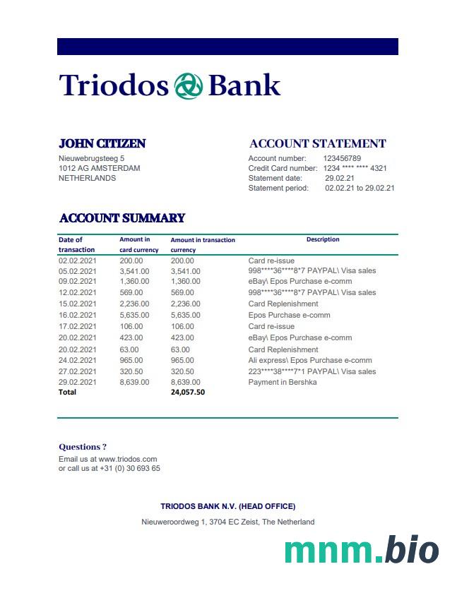 Netherlands SNS wzór wyciągu bankowego w formacie Word i PDF